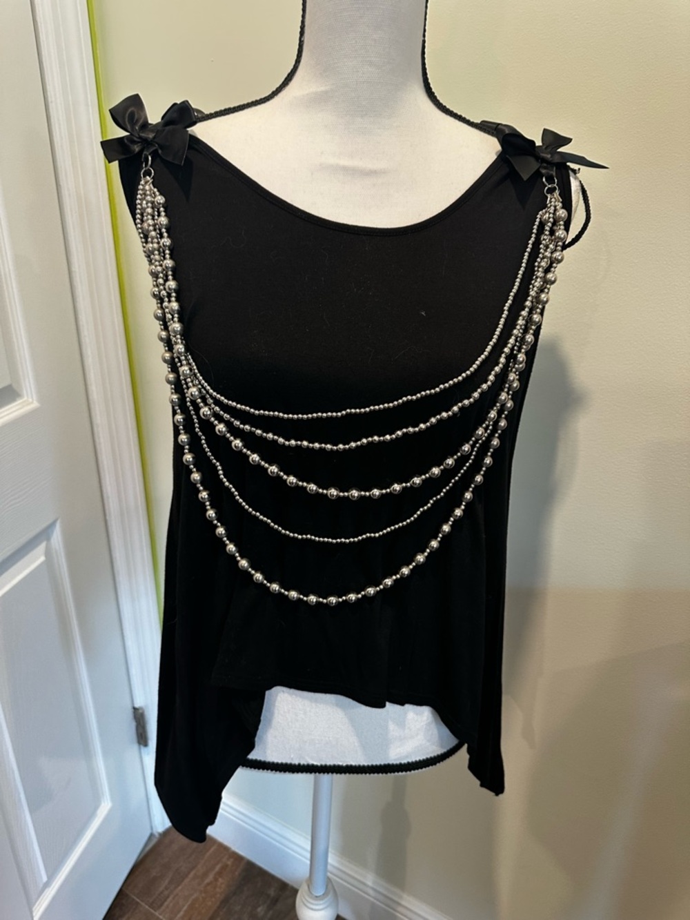 cha cha vente Black Tank Top with Silver Beaded Drapes
